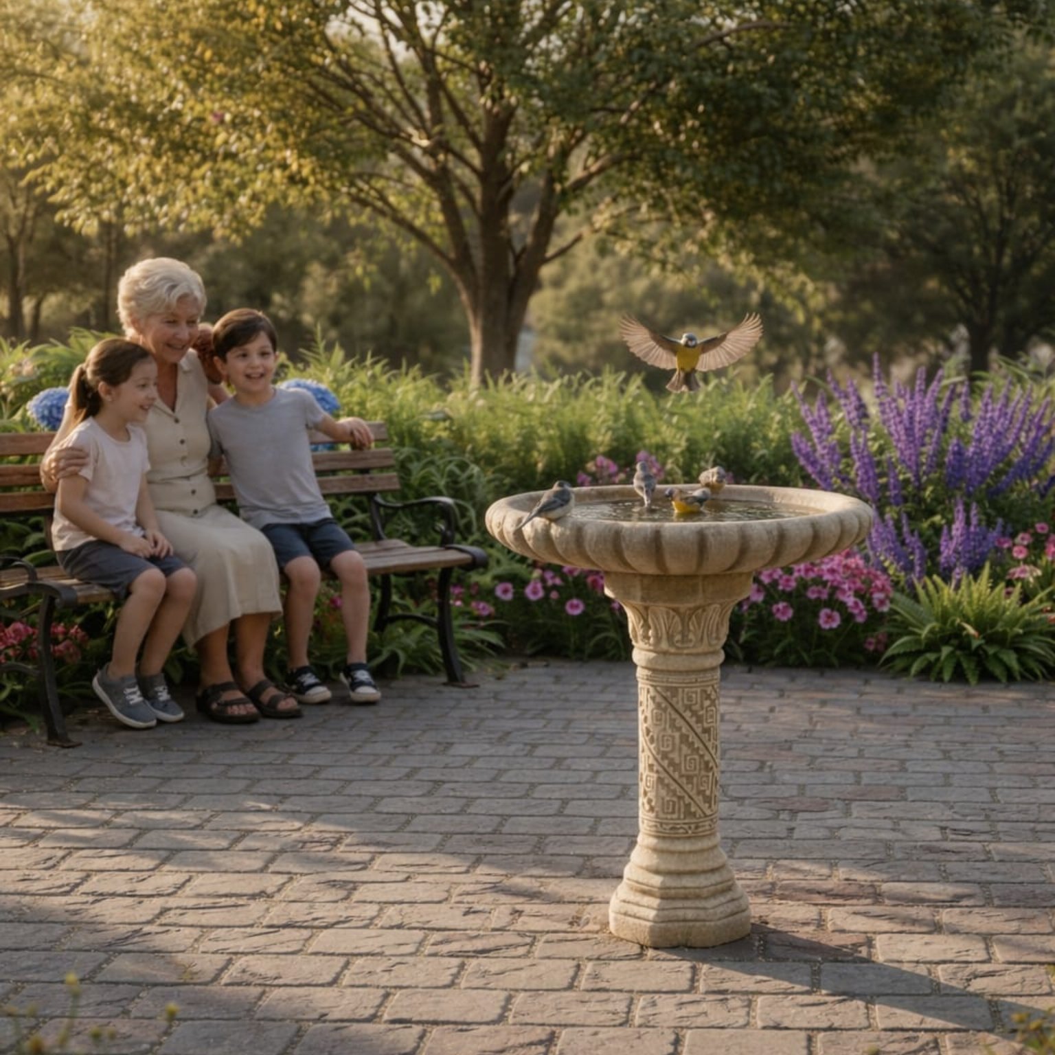 Bebedero con jardín verde y aves